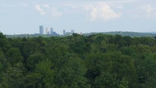 A lush green landscape with a distant city skyline under a cloudy sky.
