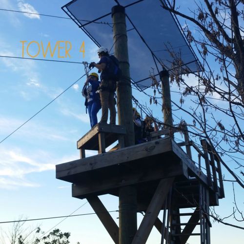 A group of people prepares to zip line from a wooden tower with solar panels, surrounded by trees and blue sky.