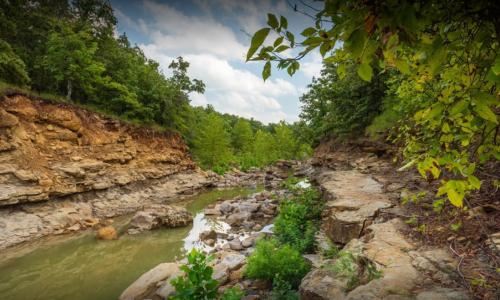 A serene landscape featuring a winding creek surrounded by rocky banks and lush green trees under a cloudy sky.
