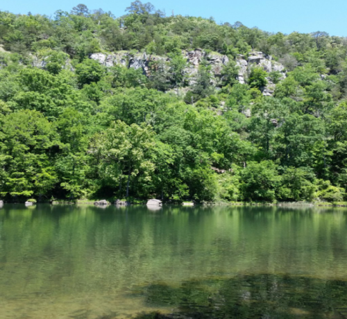A serene lake surrounded by lush green trees and rocky cliffs under a clear blue sky.