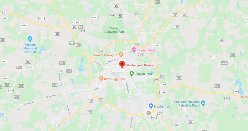 Map showing the location of Eilenberger's Bakery in Palestine, Texas, with nearby landmarks and streets.