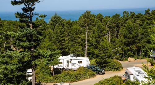 A scenic view of RVs parked among tall trees, with the ocean visible in the background on a sunny day.