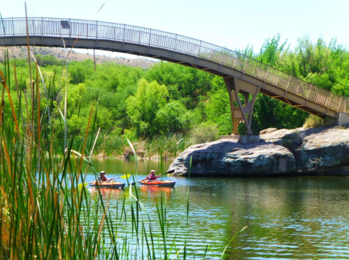 Two kayakers paddle on a calm river beneath a curved pedestrian bridge, surrounded by lush greenery.