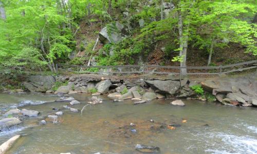 A serene stream flows through a rocky area, surrounded by lush green trees and a wooden railing along the bank.