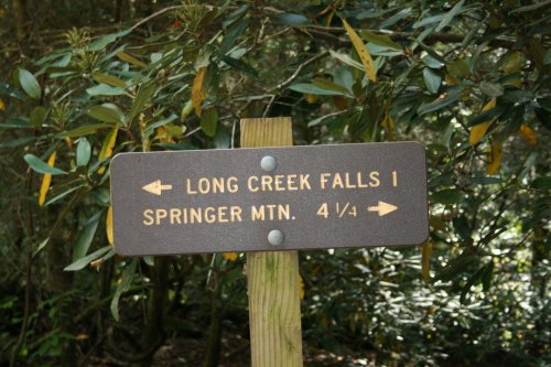 Signpost indicating directions to Long Creek Falls and Springer Mountain, with distances marked.