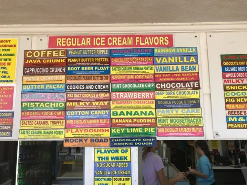 Menu board displaying a variety of regular ice cream flavors, including coffee, chocolate, strawberry, and more.