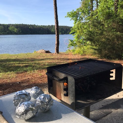 A grill by a lake, with foil-wrapped food nearby and trees in the background under a clear blue sky.