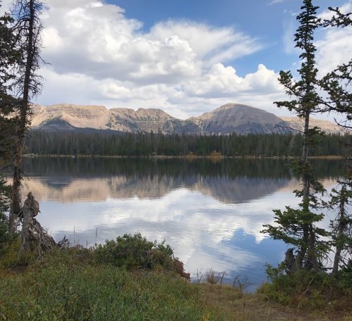 A serene lake reflects mountains and clouds, framed by trees and lush greenery.
