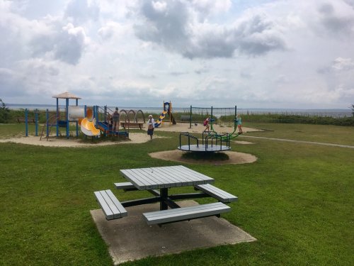 A playground with slides and swings, surrounded by green grass and a cloudy sky, with children playing.