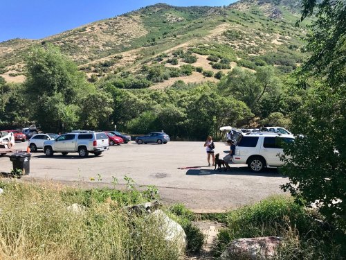 A parking lot surrounded by green hills, with a woman and a dog near a white SUV and several parked cars.
