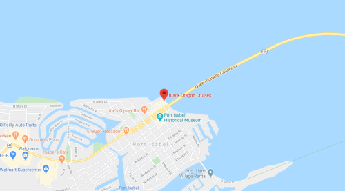 Map showing Port Isabel, Texas, with a marker for Black Dragon Cruises and nearby landmarks.