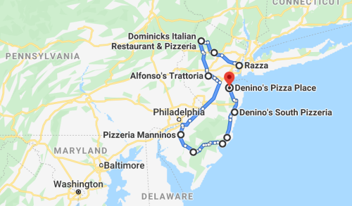 Map showing a route connecting various pizzerias in the northeastern U.S., including locations in New Jersey and Pennsylvania.
