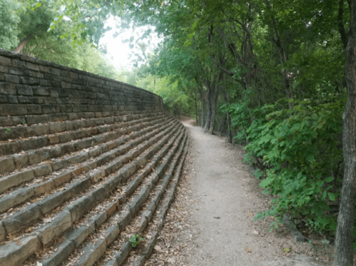 A winding dirt path lined with stone steps, surrounded by lush greenery and trees.