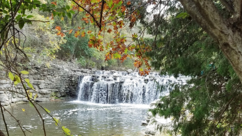 A serene waterfall cascades over stone steps, surrounded by autumn foliage and lush greenery.