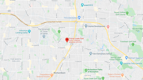 Map showing Prairie Creek Park in Richardson, Texas, with nearby streets and landmarks.