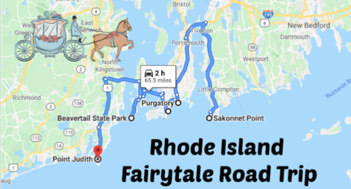 Map of a Rhode Island road trip route, highlighting a 2-hour drive covering 65.5 miles with key locations marked.