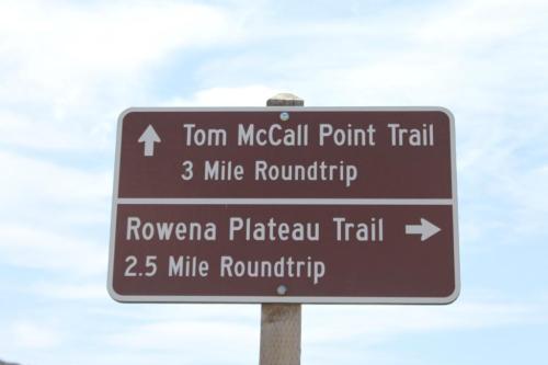 Trail sign indicating directions for Tom McCall Point Trail (3 miles roundtrip) and Rowena Plateau Trail (2.5 miles roundtrip).