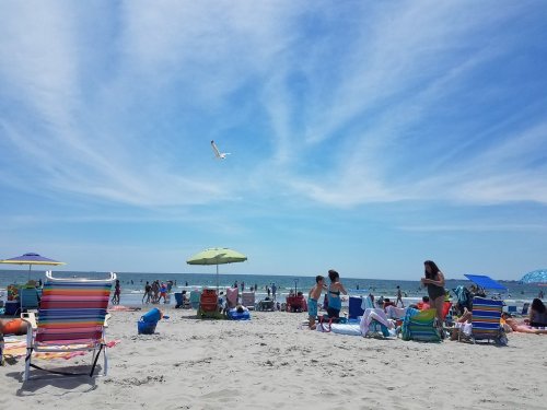 A busy beach scene with colorful umbrellas, chairs, and people enjoying the sun and water under a blue sky.