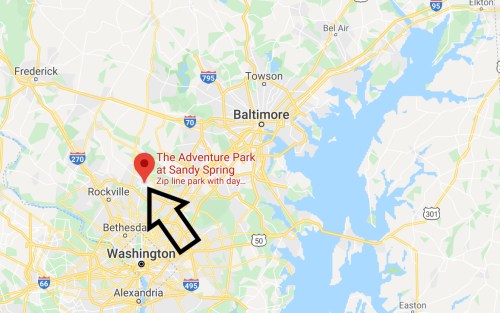 Map showing The Adventure Park at Sandy Spring, located near Washington, D.C., with an arrow pointing to its location.