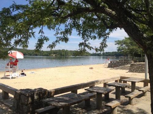 A sandy beach by a calm lake, with trees, picnic tables, and a lifeguard station in the background.
