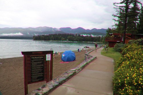 A scenic lakeside path with a beach, blue tent, and mountains in the background, surrounded by greenery and flowers.