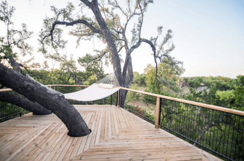 A wooden deck with a hammock suspended between trees, surrounded by lush greenery and a clear sky.