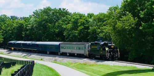 A vintage steam train with several cars travels along a scenic route surrounded by lush green trees.