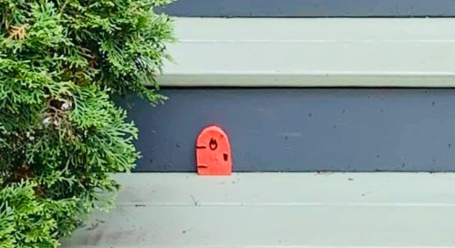 A small red door decoration is nestled between green foliage and a dark blue step.