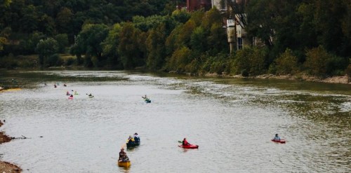A serene river scene with several kayakers paddling among lush green trees along the banks.
