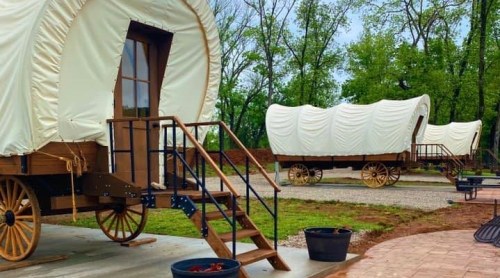 Two covered wagons with wooden wheels, set in a green outdoor area with steps leading up to them.