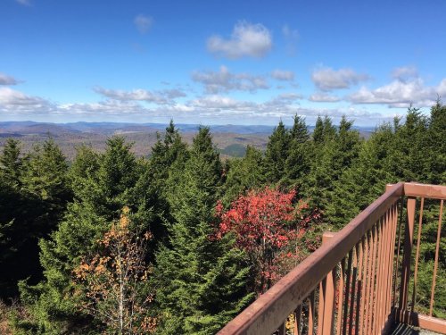Scenic view from a balcony overlooking lush green trees and distant mountains under a clear blue sky.