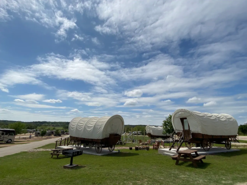 Two covered wagons on a grassy area under a blue sky with fluffy clouds, surrounded by picnic tables and trees.