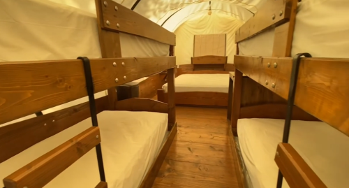 Interior of a cozy cabin with wooden bunk beds and simple white bedding, featuring warm wooden floors.