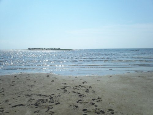 A serene beach scene with gentle waves, footprints in the sand, and a distant island under a clear blue sky.