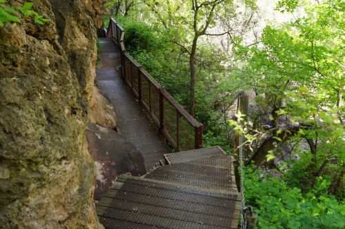 A winding metal pathway surrounded by lush greenery and rocky terrain, leading down through a forested area.