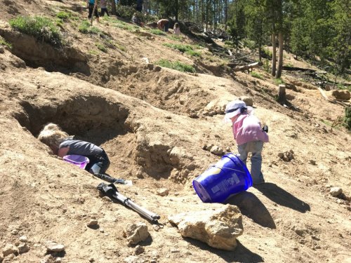 Two children digging in the dirt on a hillside, one with a bucket, surrounded by trees and other people in the background.