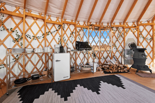 Interior of a yurt featuring a kitchenette, wood stove, and decorative plants along the walls.