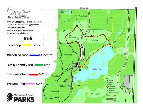 Map of Wehr Nature Center in Franklin, WI, showing various trails with difficulty levels: Easy, Moderate, and Difficult.