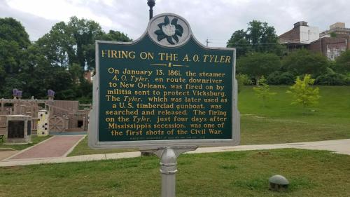 Historical marker about the firing on the A.O. Tyler, a steamer involved in the early Civil War events in 1861.