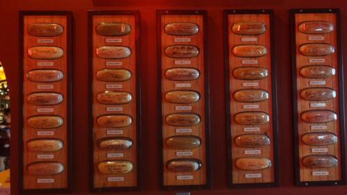 A wall display featuring wooden plaques with various signatures and names arranged in rows.