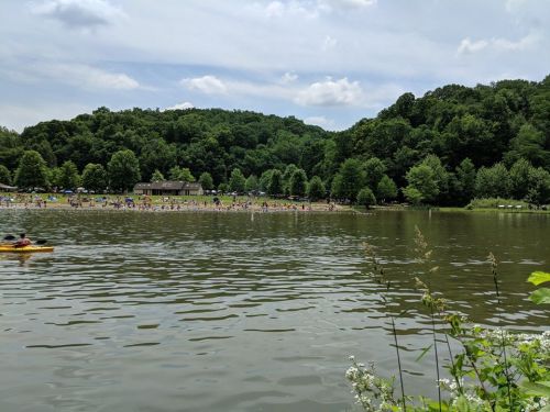 A serene lake surrounded by lush greenery, with people enjoying the beach and activities on a sunny day.
