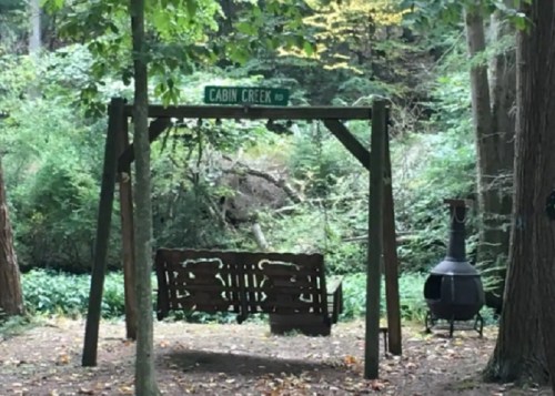 A wooden swing set with a sign reading "CABIN CREEK" in a lush, green forested area.