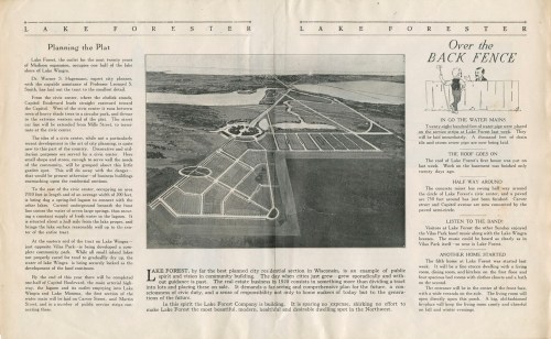 Aerial view of a planned community layout with roads and green spaces, accompanied by text about Lake Forester development.