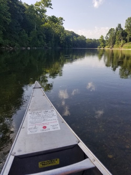 A canoe's bow on calm water, reflecting trees and sky, surrounded by lush greenery.
