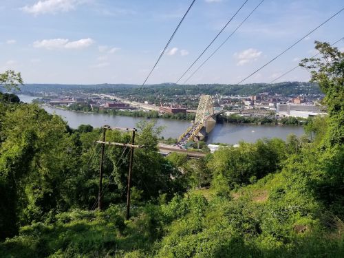 A scenic view of a river and bridge surrounded by greenery, with a city skyline in the background under a blue sky.