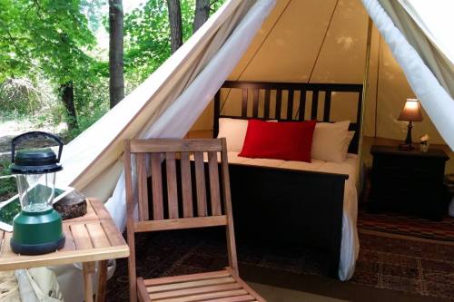 Cozy glamping tent with a bed, nightstand, lamp, and wooden chair, surrounded by trees.