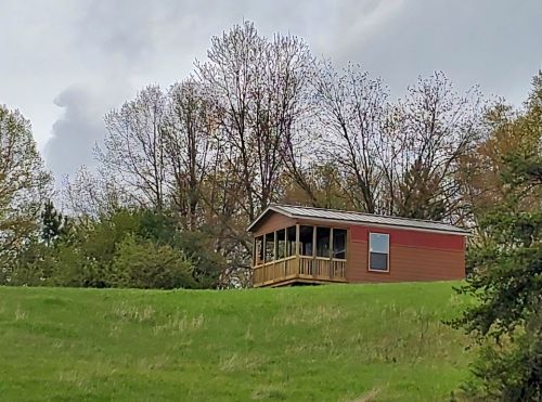A small cabin with a porch sits on a grassy hill, surrounded by trees under a cloudy sky.