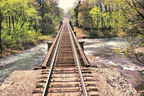 A railway bridge spans a river, surrounded by lush green trees and a serene landscape.
