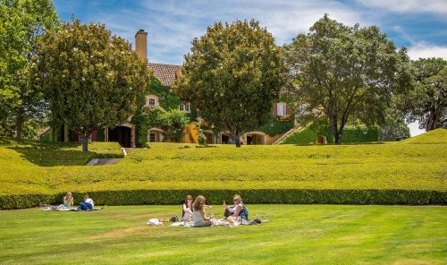 A group of people picnicking on a grassy lawn in front of a lush, green house with trees and hedges.