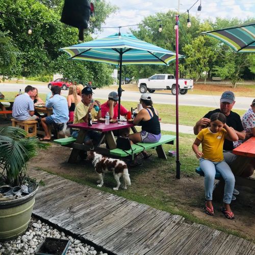 Outdoor dining scene with colorful tables, people enjoying meals, and a dog near a child in a casual setting.